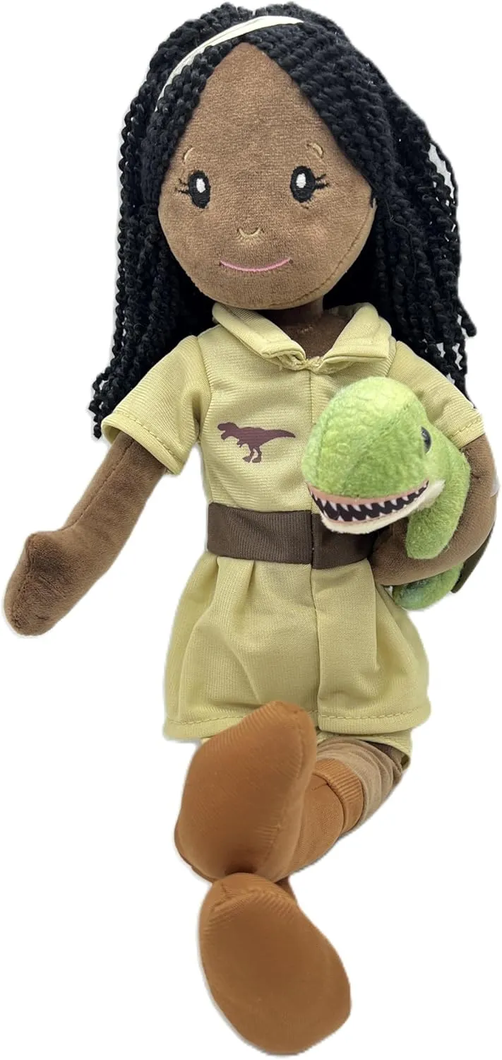 The Petting Zoo, Paleontologist Plush Doll with T-Rex Stuffed Animal, Gifts for Girls, Soft Doll with Dinosaur Plush Toy, 16 inch (African American)