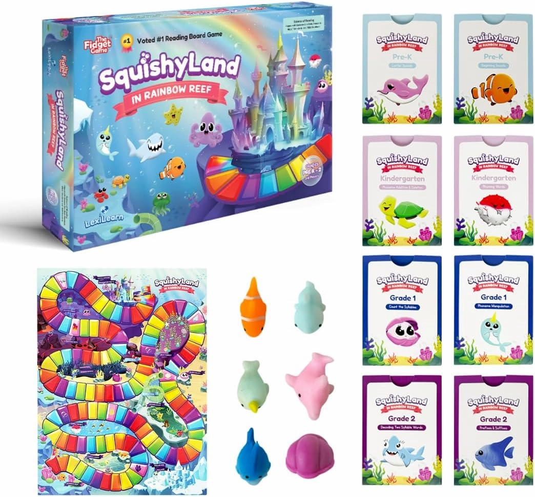 The Fidget Game SquishyLand in Rainbow Reef - Educational & Phonics Learning Activities for Children in Pre-K to 2nd Grade - Mochi Squishy Toys Set with Board Game (2-6 Players) & Card Packs Included