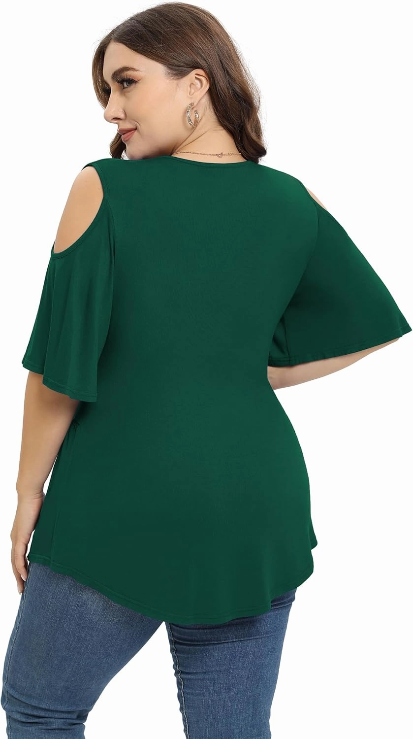 TIANZHU Plus Size Tops for Women Sexy Empire Waist Dressy Short Sleeve Shirts with Cold Shoulder Detail