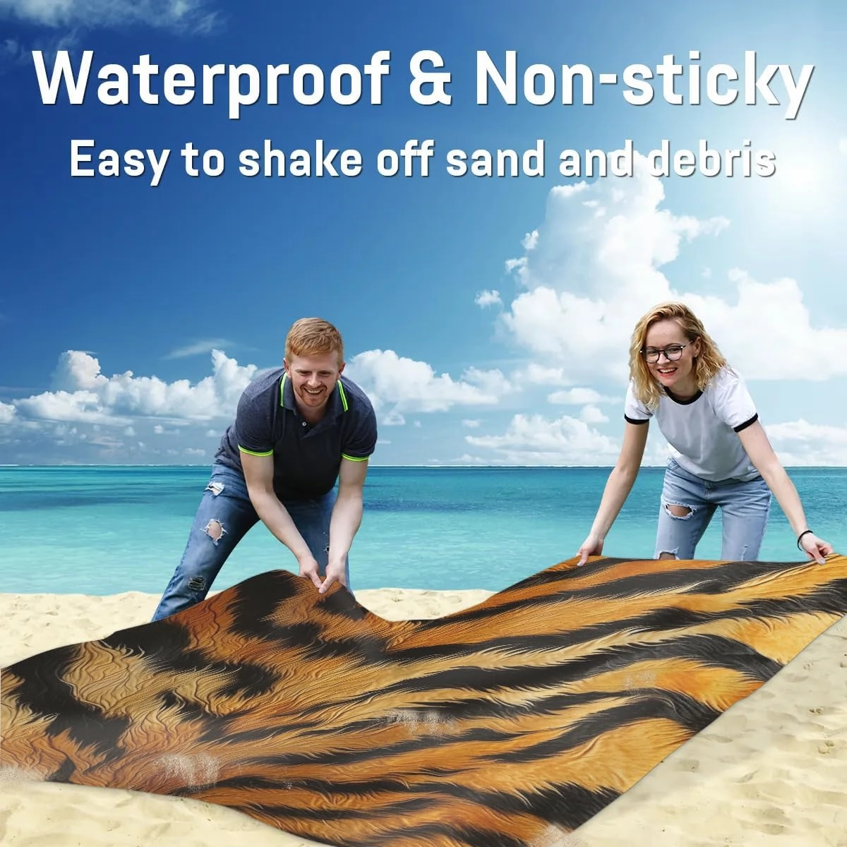 Tiger Beach Blanket, Sandproof Beach Mat, 68 x 59 Waterproof Quick Drying Sand Free Mat with 4 x Ground Spikes for Outdoor Travel Camping Hiking, Tiger Skin