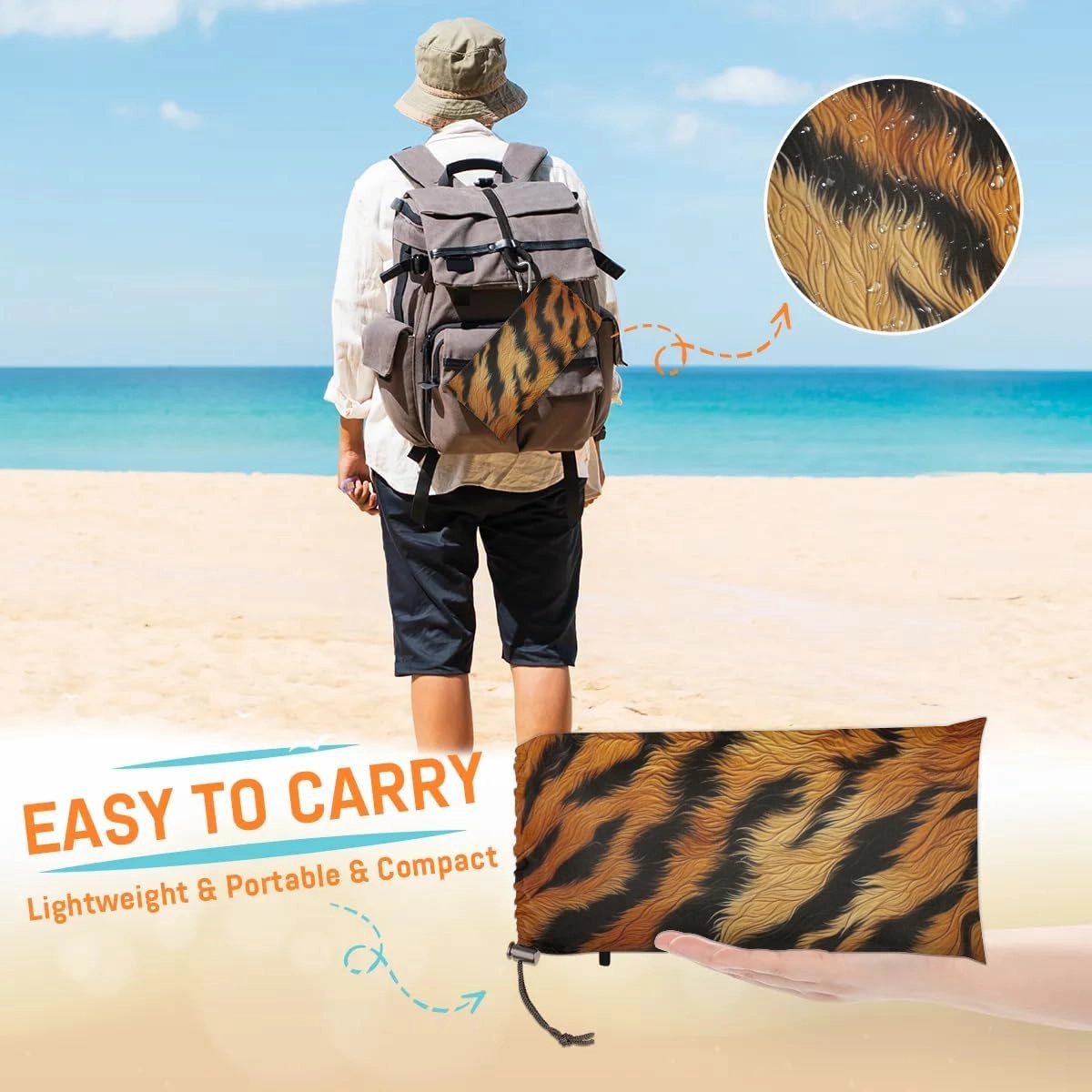 Tiger Beach Blanket, Sandproof Beach Mat, 68 x 59 Waterproof Quick Drying Sand Free Mat with 4 x Ground Spikes for Outdoor Travel Camping Hiking, Tiger Skin