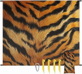 Tiger Beach Blanket, Sandproof Beach Mat, 68 x 59 Waterproof Quick Drying Sand Free Mat with 4 x Ground Spikes for Outdoor Travel Camping Hiking, Tiger Skin