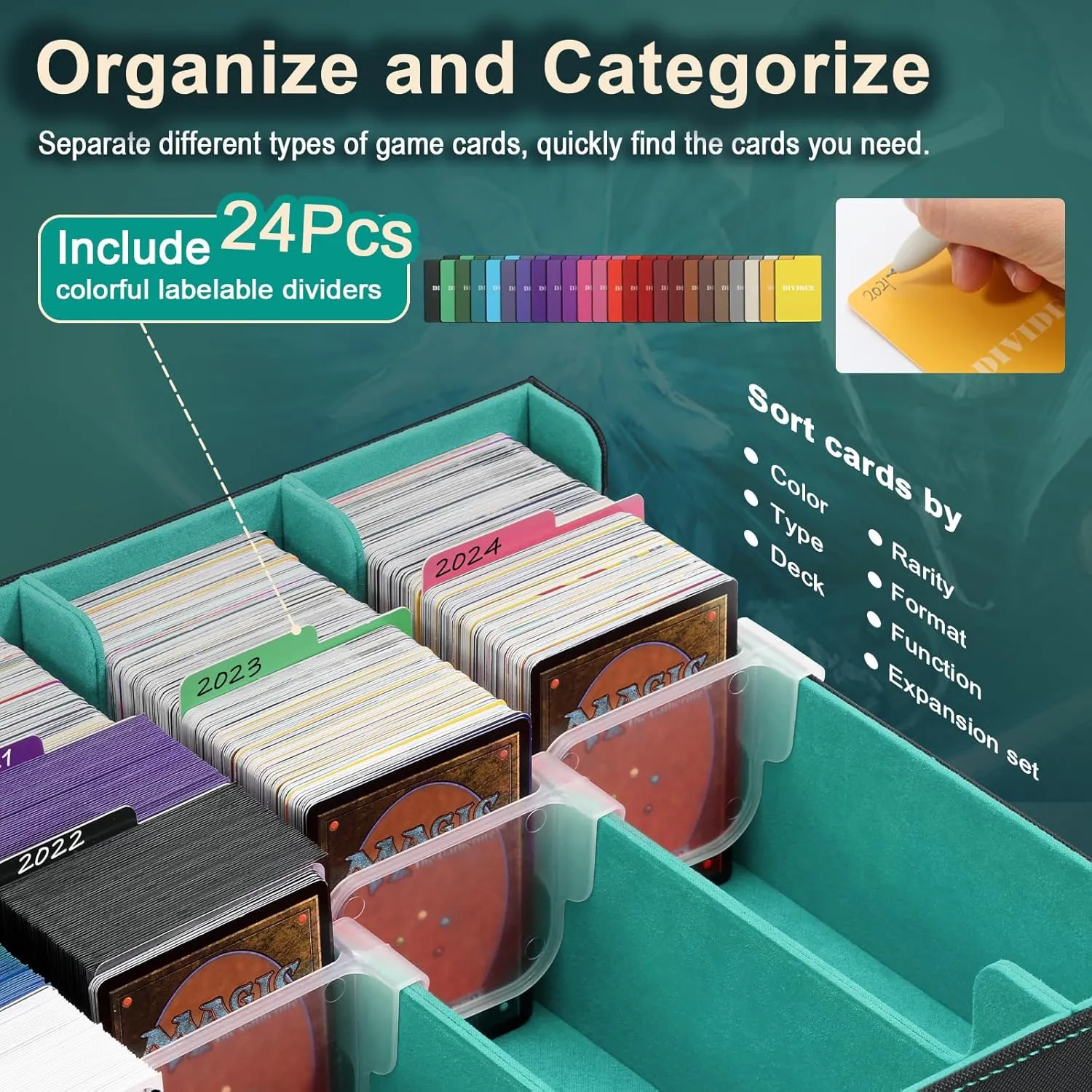 TiMOVO Trading Cards Storage Box, 3800  MTG Card Deck Box with 24 Colorful Dividers & 5 Card Supporters, 5 Rows Magnetic Leather Commander Deck Box Fits MTG Yugioh TCG Magic Game Cards, Black Green