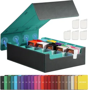 TiMOVO Trading Cards Storage Box, 3800  MTG Card Deck Box with 24 Colorful Dividers & 5 Card Supporters, 5 Rows Magnetic Leather Commander Deck Box Fits MTG Yugioh TCG Magic Game Cards, Black Green