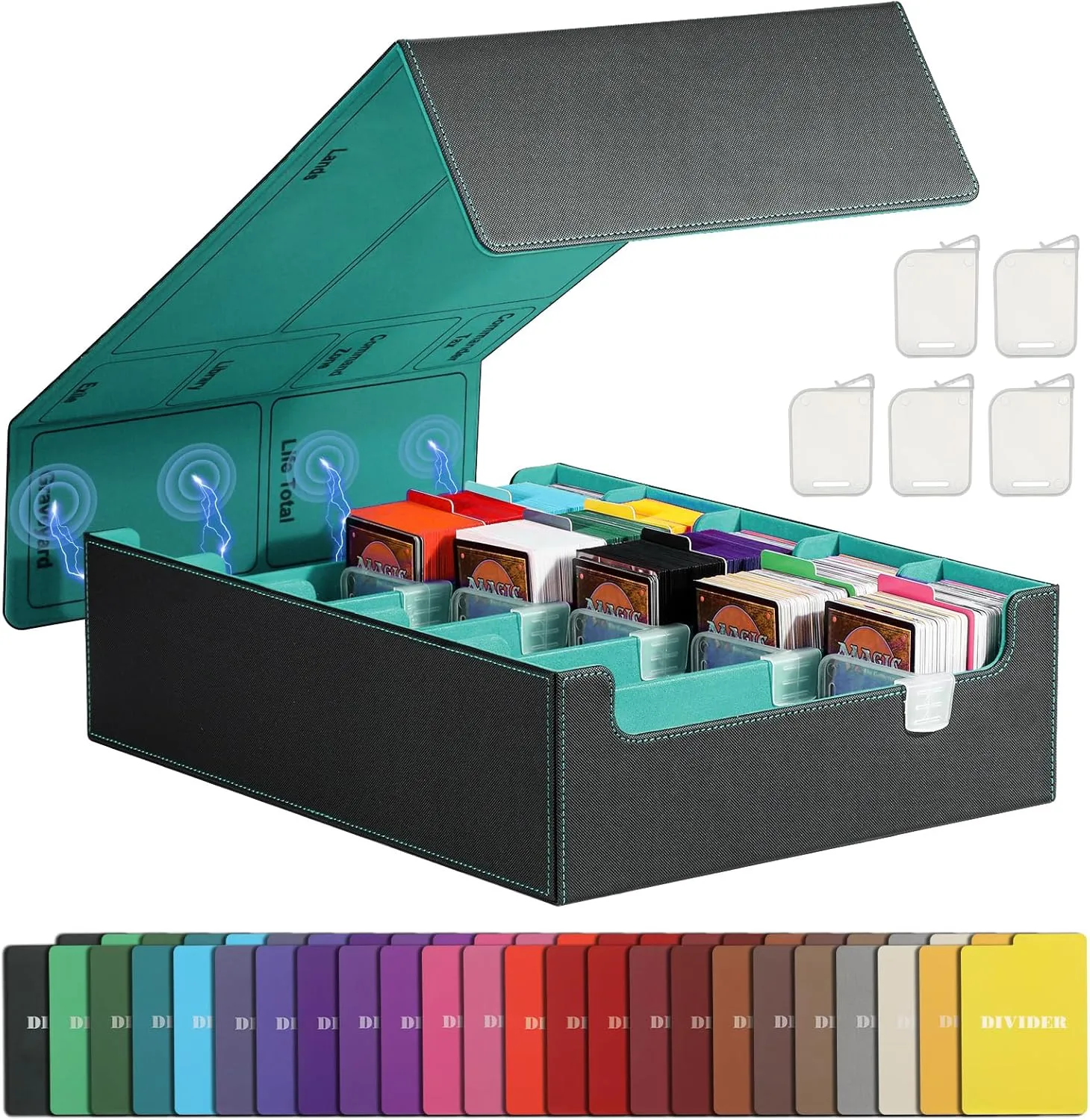 TiMOVO Trading Cards Storage Box, 3800  MTG Card Deck Box with 24 Colorful Dividers & 5 Card Supporters, 5 Rows Magnetic Leather Commander Deck Box Fits MTG Yugioh TCG Magic Game Cards, Black Green