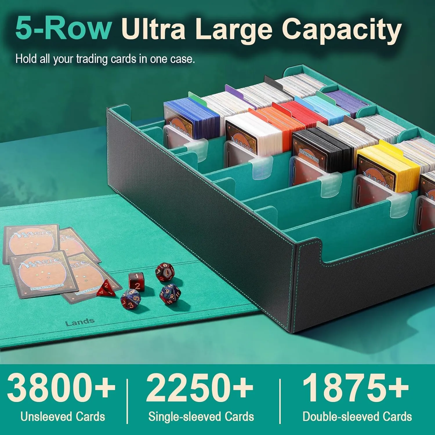TiMOVO Trading Cards Storage Box, 3800  MTG Card Deck Box with 24 Colorful Dividers & 5 Card Supporters, 5 Rows Magnetic Leather Commander Deck Box Fits MTG Yugioh TCG Magic Game Cards, Black Green