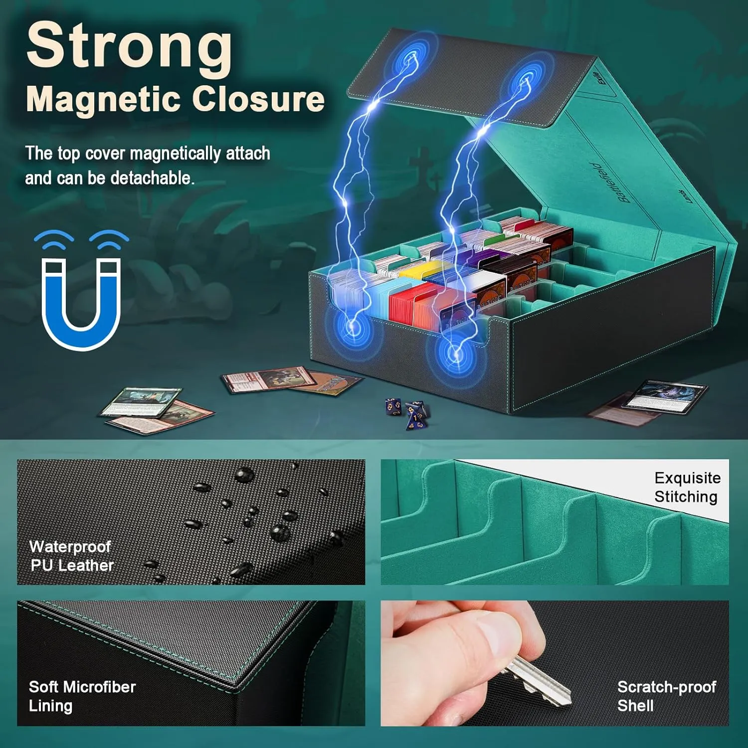 TiMOVO Trading Cards Storage Box, 3800  MTG Card Deck Box with 24 Colorful Dividers & 5 Card Supporters, 5 Rows Magnetic Leather Commander Deck Box Fits MTG Yugioh TCG Magic Game Cards, Black Green