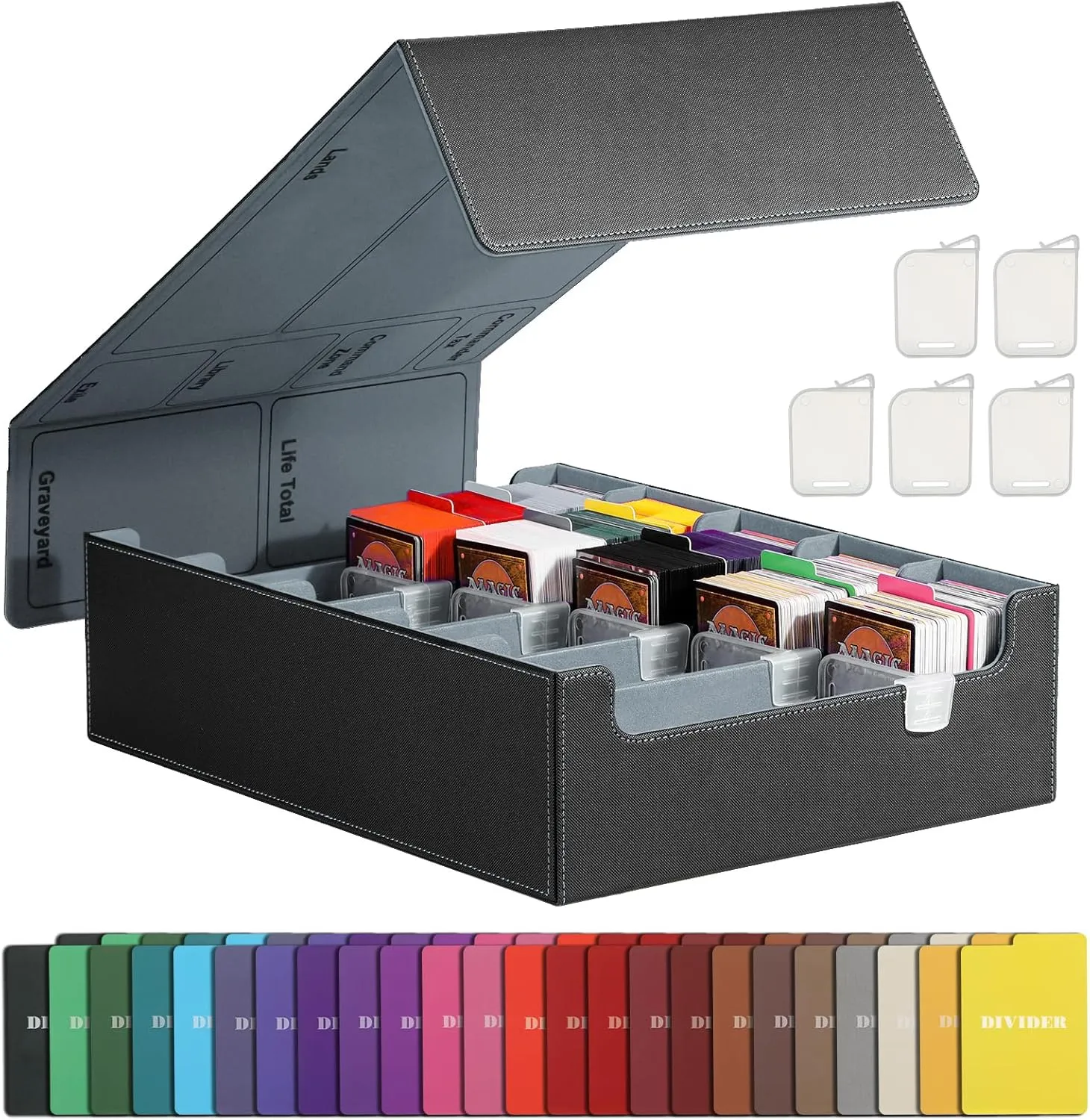 TiMOVO Trading Cards Storage Box, 3800  MTG Card Deck Box with 24 Colorful Dividers & 5 Card Supporters, 5 Rows Magnetic Leather Commander Deck Box Fits MTG Yugioh TCG Magic Game Cards, Black Grey