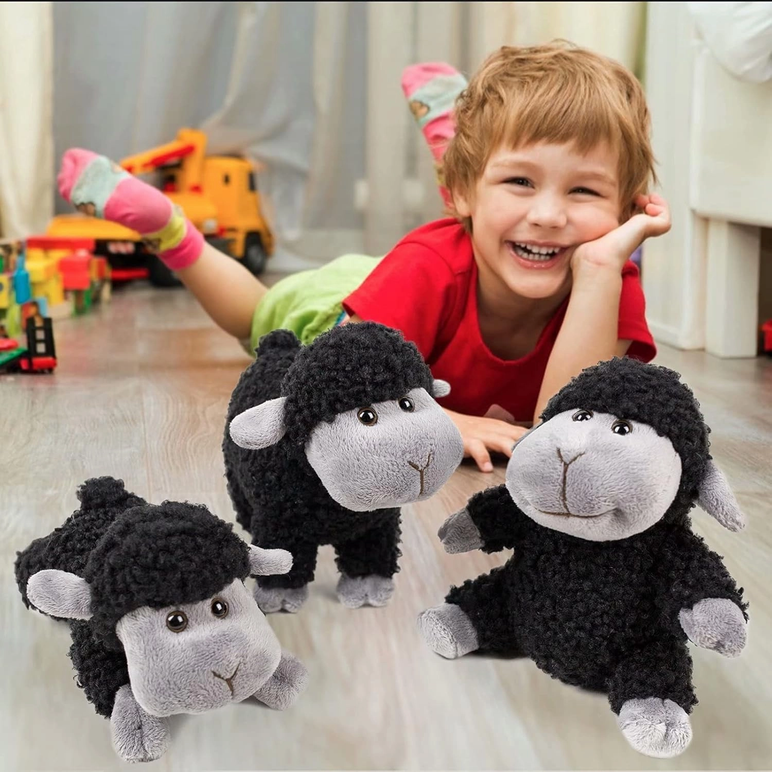 Tiny Heart Lamb Stuffed Animal Sheep Plush Toy 3 Pcs Cute and Super Soft Nursery Home Decor Bedroom Small Gift for Kids Boys and Girls Companions Black