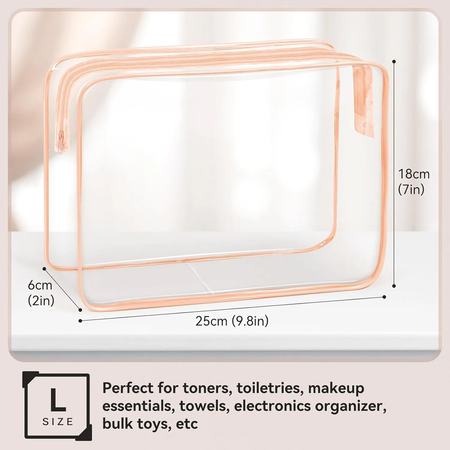 TISRATOK 16 PCS Clear Makeup Bag, Travel Essentials Toiletry Bag, Transparent PVC Cosmetic Organizer Toy Storage Pouch for Women Men - Orange-pink,Large