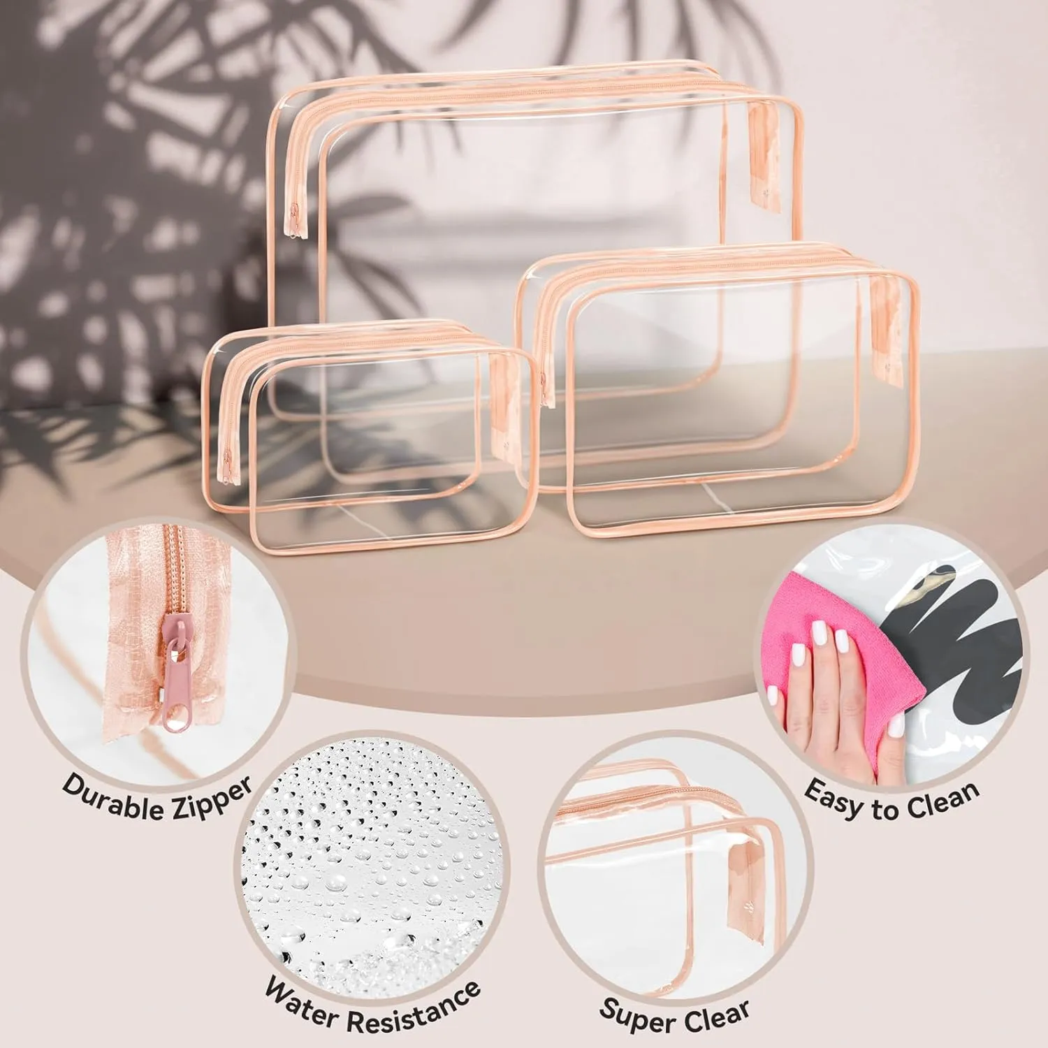 TISRATOK 16 PCS Clear Makeup Bag, Travel Essentials Toiletry Bag, Transparent PVC Cosmetic Organizer Toy Storage Pouch for Women Men - Orange-pink,Large