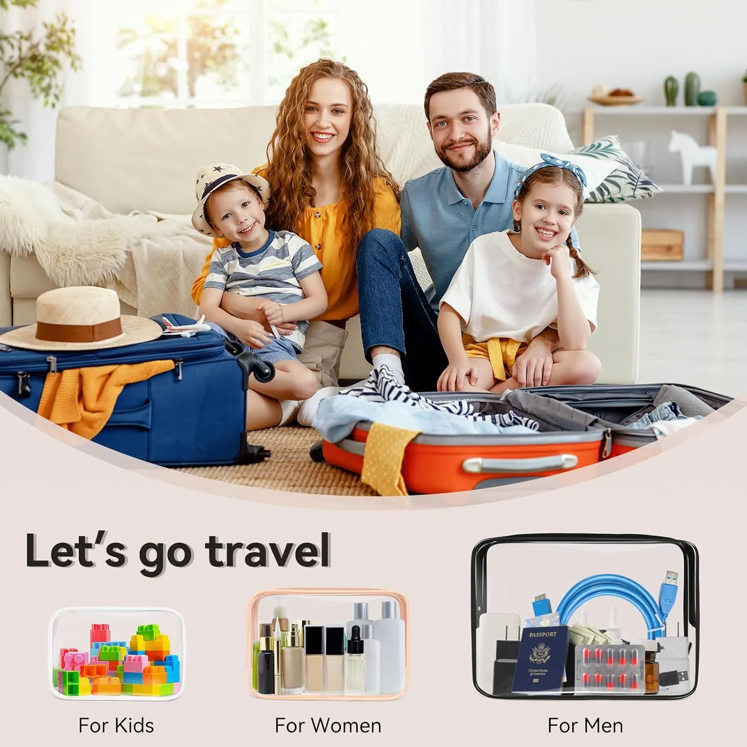 TISRATOK 16 PCS Clear Makeup Bag, Travel Essentials Toiletry Bag, Transparent PVC Cosmetic Organizer Toy Storage Pouch for Women Men - Orange-pink,Large