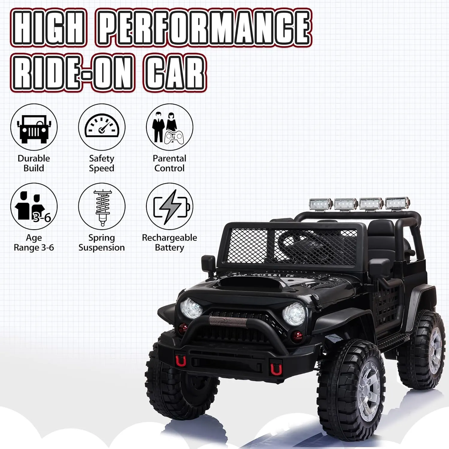 TOBBI 12V Kids Ride On Car, Electric Vehicles Jeep Car with Remote Control, Music, MP3 Player, Lighting, Black