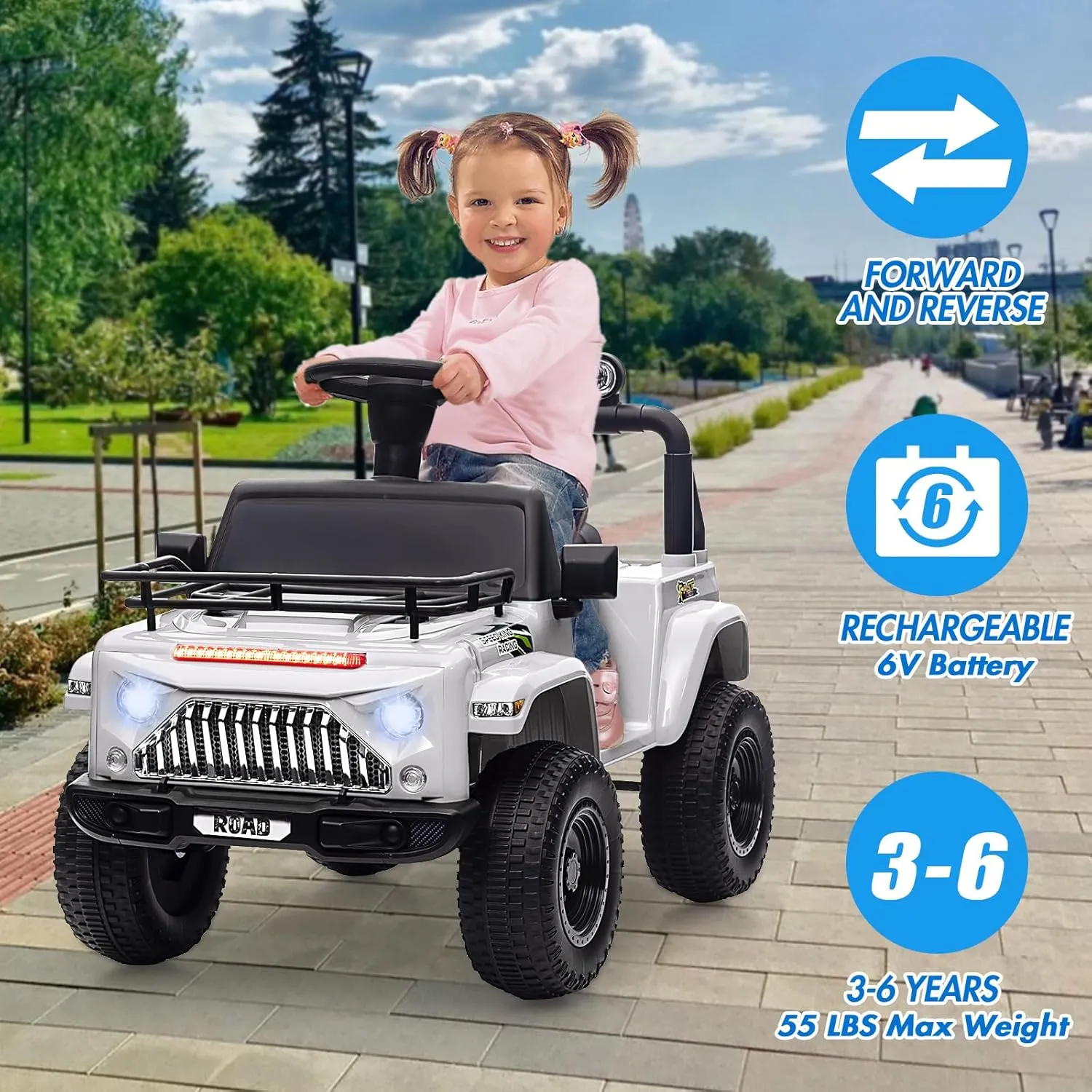 Toddler 6V Ride On Toy, Mini Truck, Kids Electric Car with Sound Effects & Music, Led Lights, 2 Speeds, Horn, Spring Suspension, 2.8MPH Max Speed, for Boys Girls, White