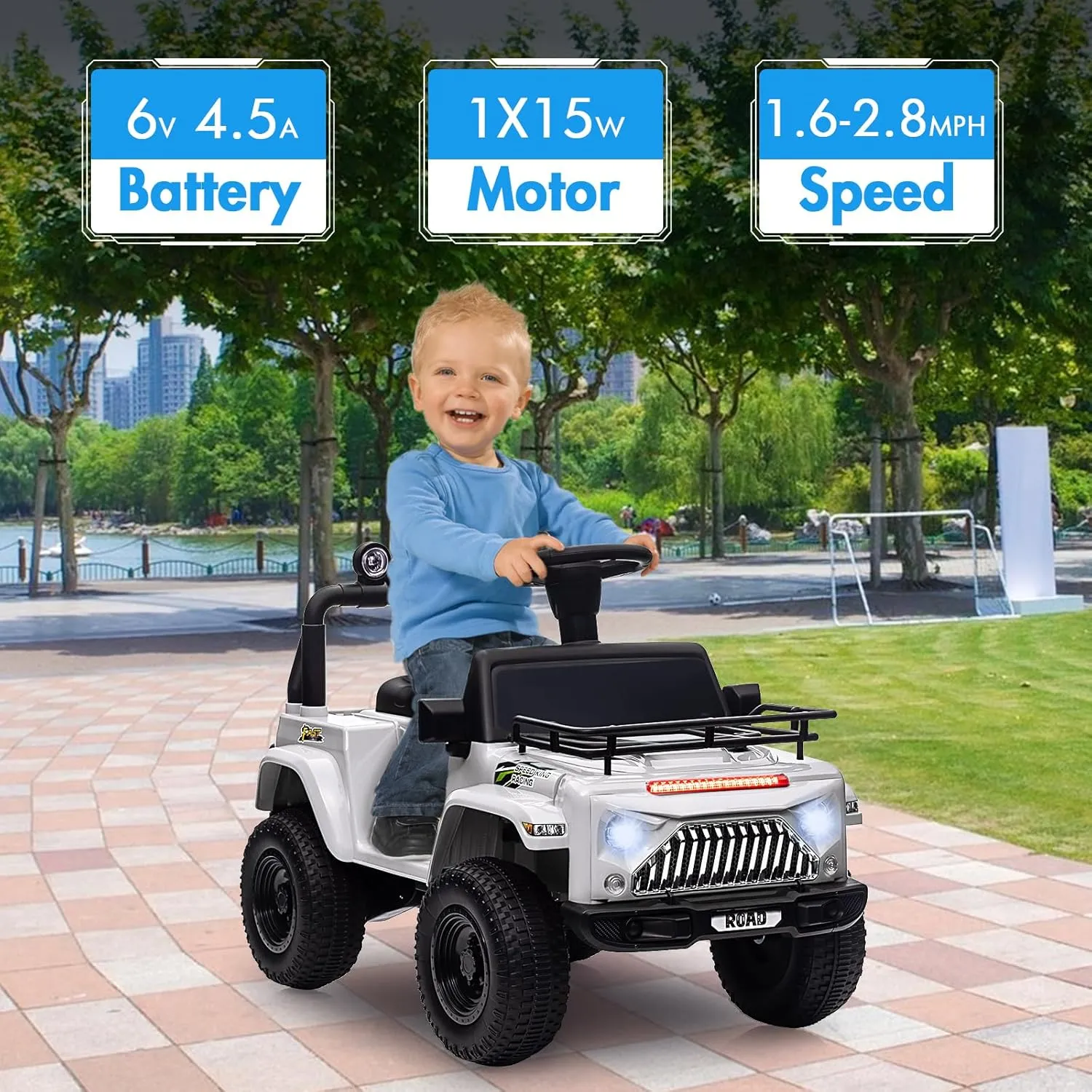 Toddler 6V Ride On Toy, Mini Truck, Kids Electric Car with Sound Effects & Music, Led Lights, 2 Speeds, Horn, Spring Suspension, 2.8MPH Max Speed, for Boys Girls, White