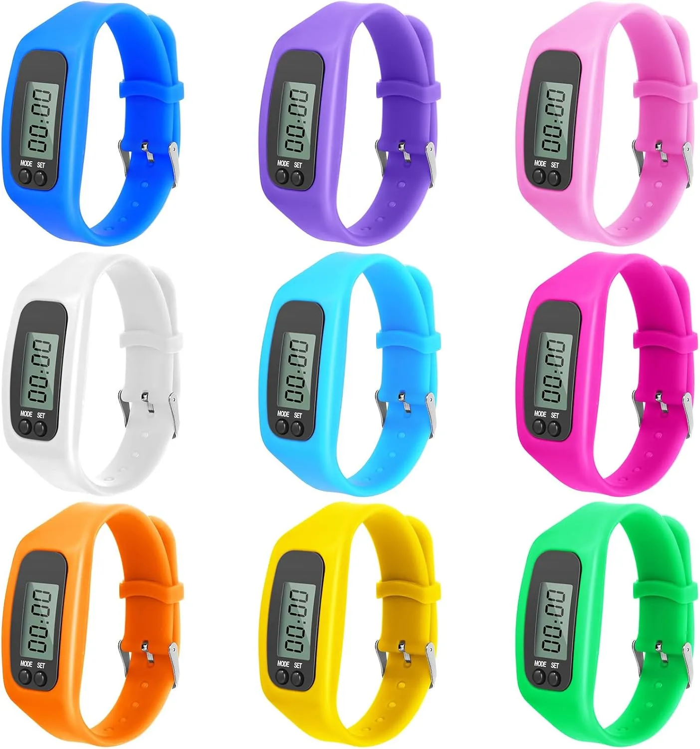 Tondiamo 9 Pcs Fitness Tracker Watch Silicone LED Walking Running Pedometer Calorie Burning and Step Counting Watch Pedometer Bracelet for Walking Men Women Kids Sports, Multi Colors