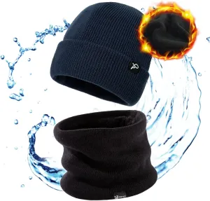 TOP-EX Oversized XL XXL Waterproof Beanies Scarf Set Fleece Lined Neck Protection Mens Womens Gift