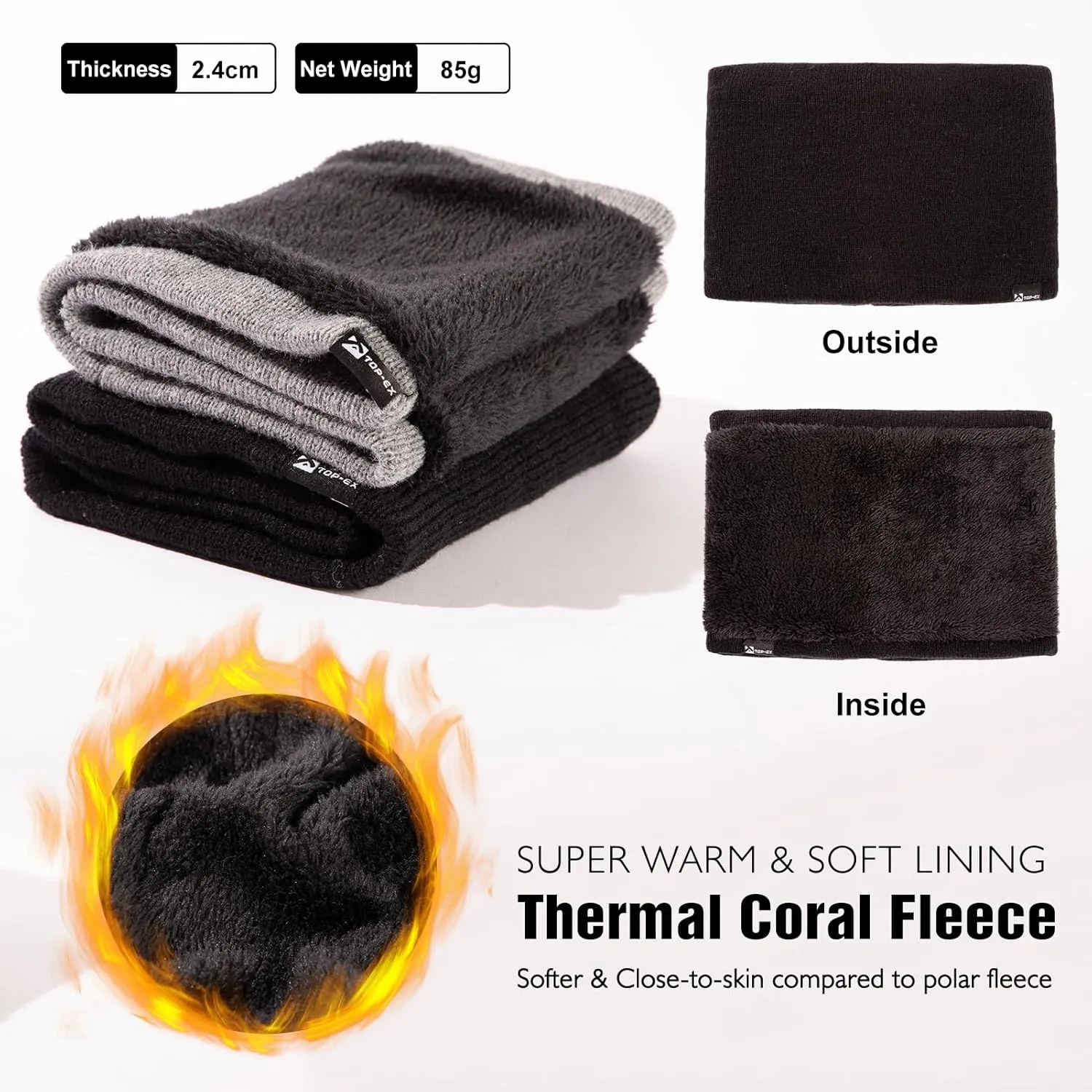 TOP-EX Oversized XL XXL Waterproof Beanies Scarf Set Fleece Lined Neck Protection Mens Womens Gift