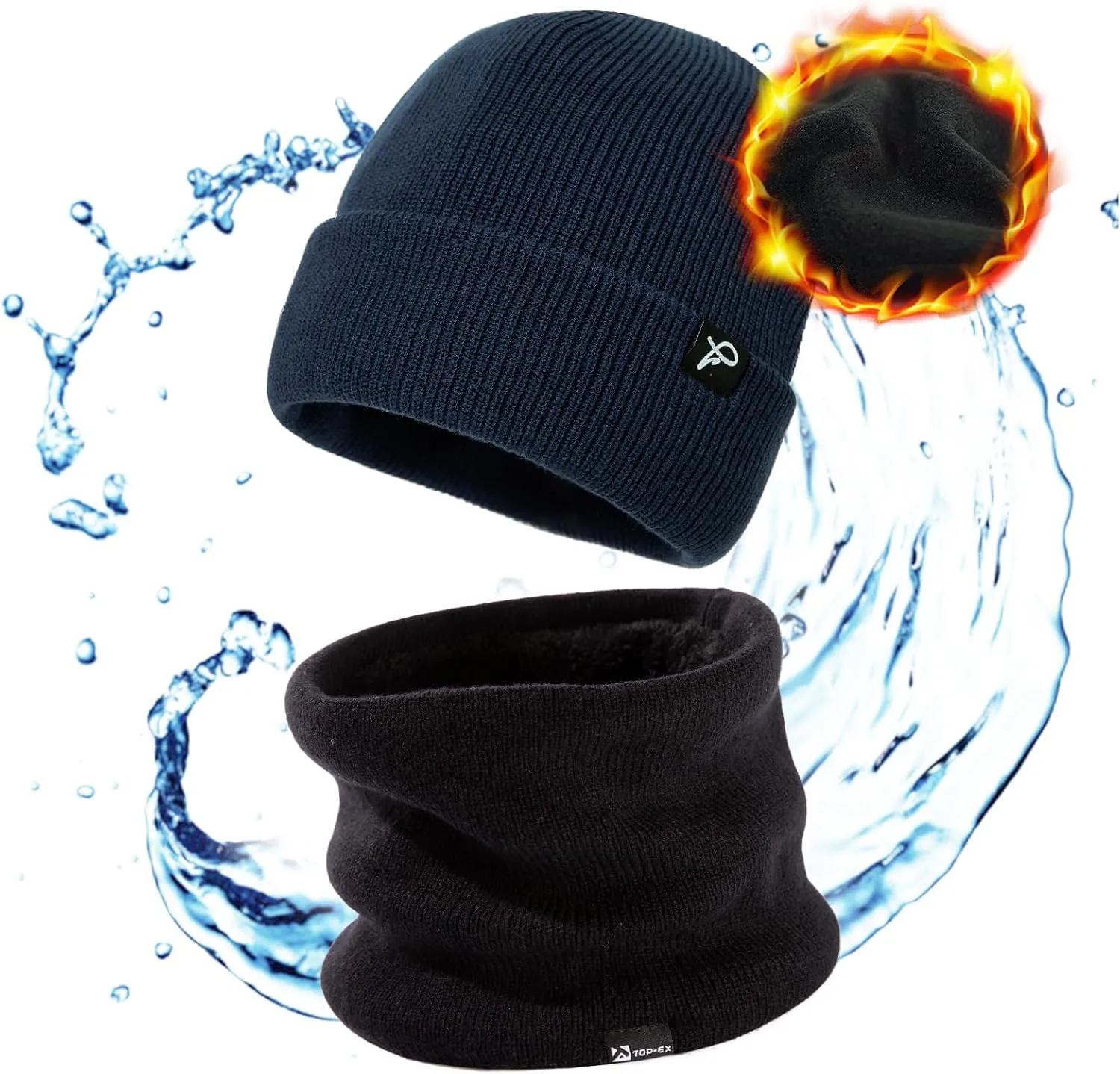 TOP-EX Oversized XL XXL Waterproof Beanies Scarf Set Fleece Lined Neck Protection Mens Womens Gift