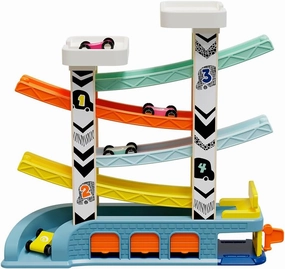Top Bright - Educational Toy Car Slide Racetrack, Track Cars for 18 Months  , Race Car Track with 4 Cars, Parking and Garage, Wood, BPA Free