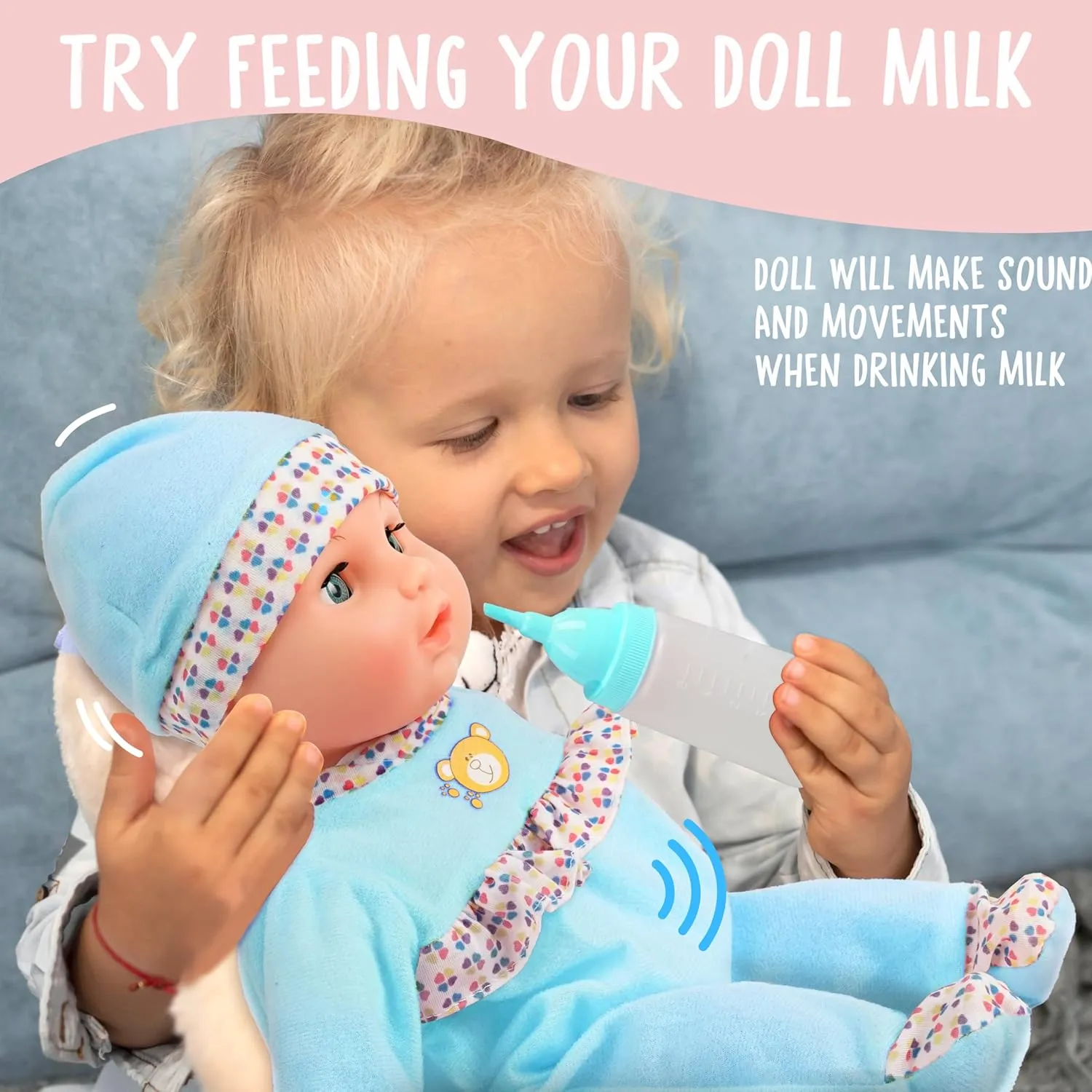 Toy Choi's Interactive Baby Doll - 16 Inch Crying Talking Feeding Dolls with Different Sounds and Accessories, Pretend Play Preschool Toys for 2 3 4 5  Year Old Girls Boys Gift, Blue