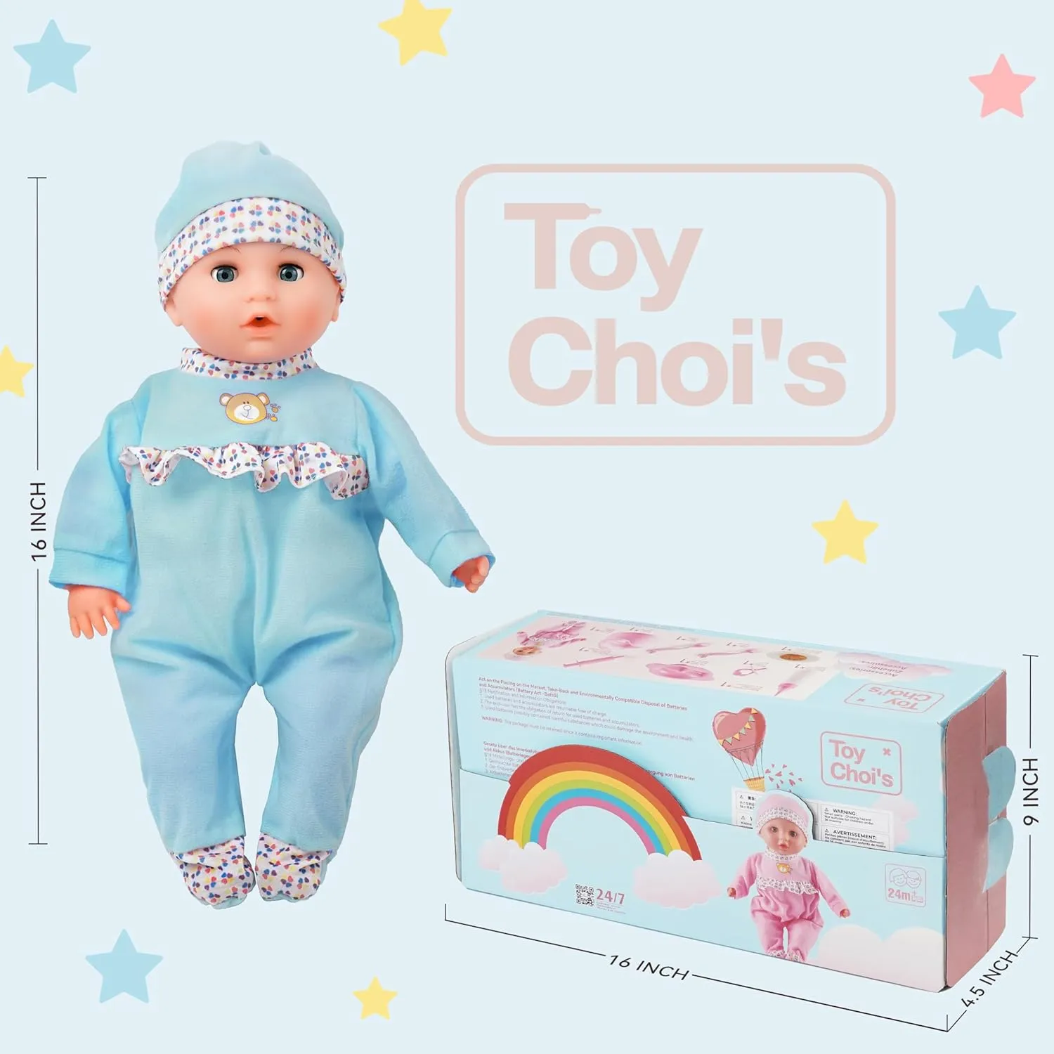 Toy Choi's Interactive Baby Doll - 16 Inch Crying Talking Feeding Dolls with Different Sounds and Accessories, Pretend Play Preschool Toys for 2 3 4 5  Year Old Girls Boys Gift, Blue