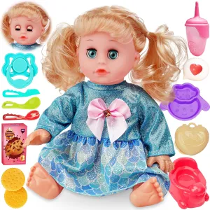 Toy Choi's Interactive Baby Doll Blue - 14 Inch Crying Talking Feeding Dolls with Open/Close Eyes,Different Sounds and Accessories - Pretend Play Preschool Toys for 3 4 5  Year Old Girls Boys Gift