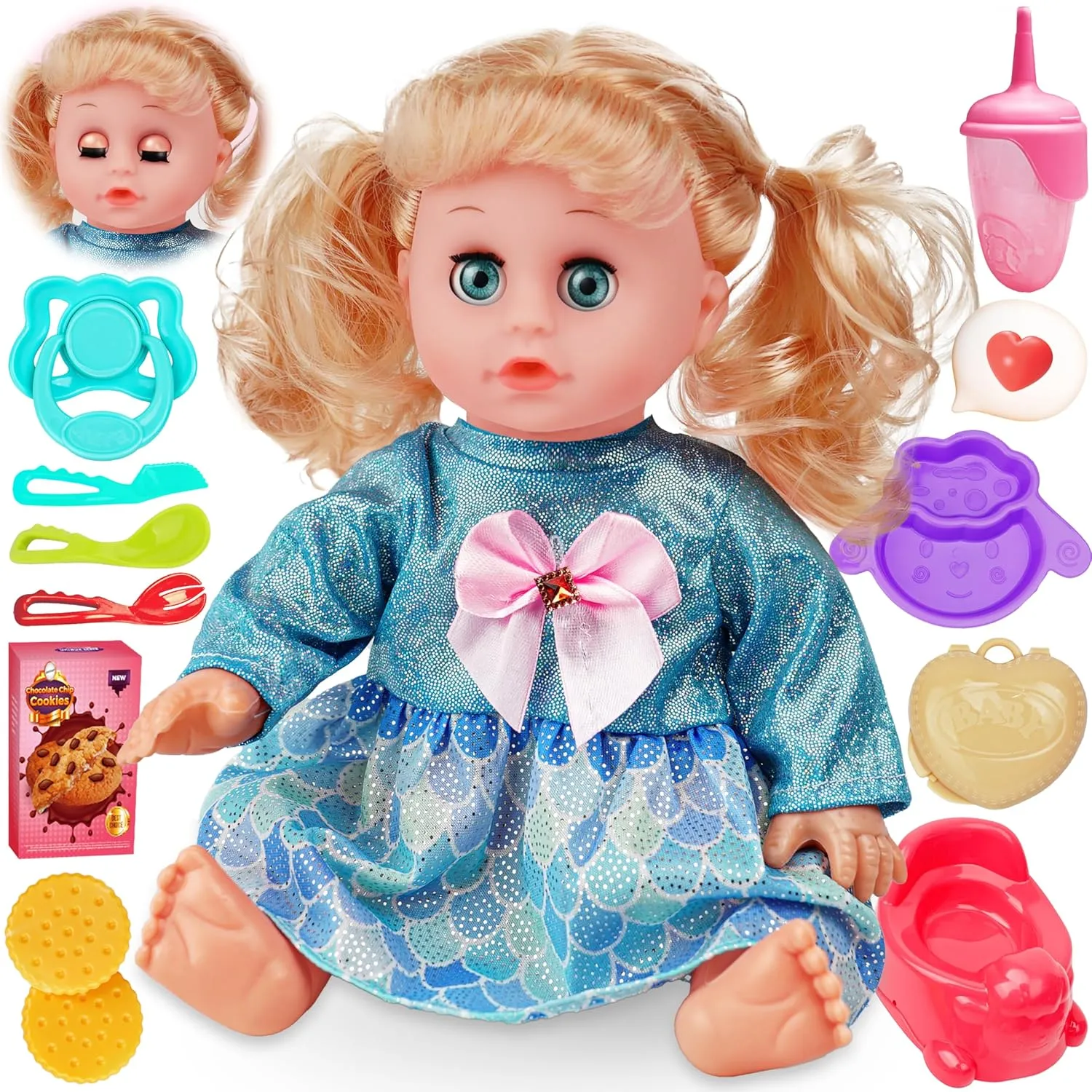 Toy Choi's Interactive Baby Doll Blue - 14 Inch Crying Talking Feeding Dolls with Open/Close Eyes,Different Sounds and Accessories - Pretend Play Preschool Toys for 3 4 5  Year Old Girls Boys Gift