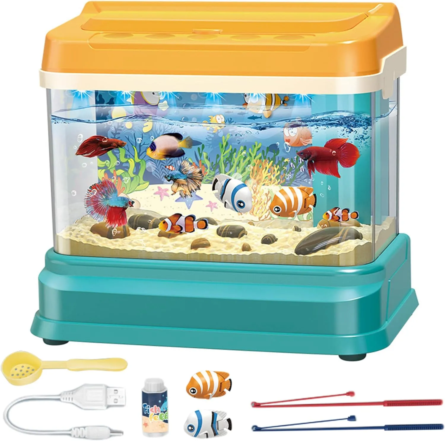 Toy Fish Tank Set Cute Magnetic Realistic Interactive Feeding Toy Fish Tank with Sound and Light 3 Mode USB Power Fake Aquarium with Fishing Rod, Net, Feed Bottle, Fishing