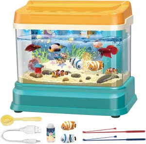 Toy Fish Tank Set Cute Magnetic Realistic Interactive Feeding Toy Fish Tank with Sound and Light 3 Mode USB Power Fake Aquarium with Fishing Rod, Net, Feed Bottle, Fishing