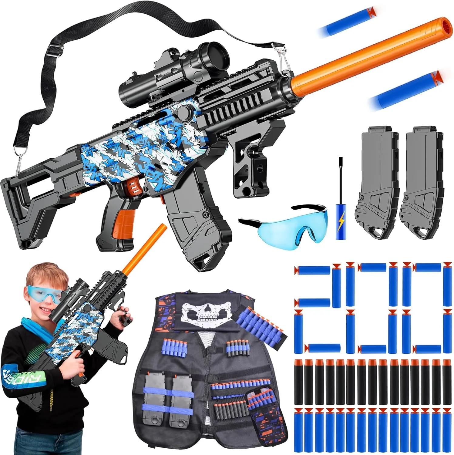 Toy Gun Automatic Sniper Rifle with Lanyard, Electric Realistic Toy Foam Blasters- 200 Darts, Tactical Vest Set, Scope and 2 Clips, Cool Toys for Kids Ages 8-12, Birthday Xmas Gifts for Boys Adults