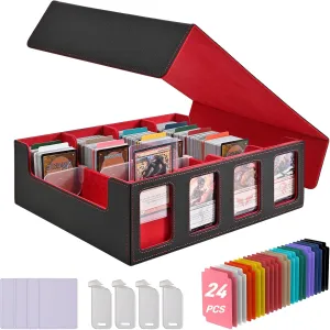 Trading Card Storage Box, 3000  Capacity Deck Box for MTG, Pokémon, Yu Gi Oh, 24 Colorful Dividers, 4 Card Supports, Display Window, PU Leather(Black&Red)