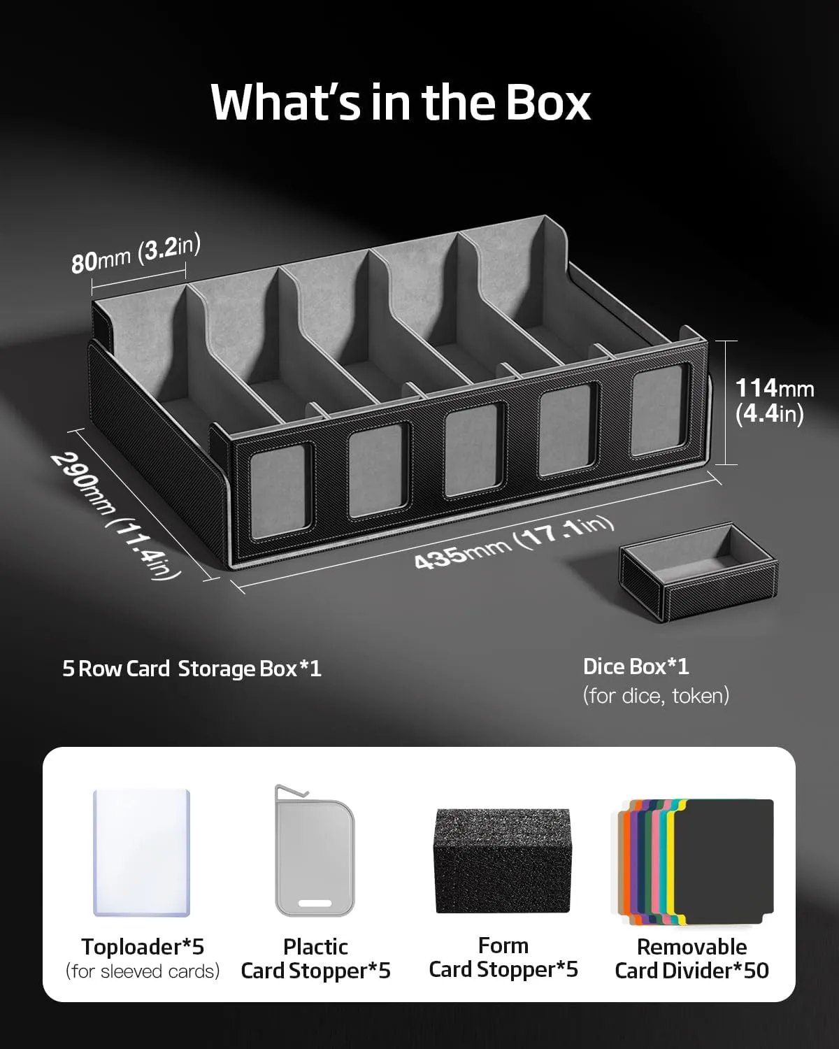 Trading Card Storage Box 3900  Capacity - 5-Row Card Case with Magnetic Lid & Commander Display for MTG TCG Sports Cards,Includes 5 Toploaders/50 Dividers/10 Stoppers/Dice Box/Cleaning Cloth