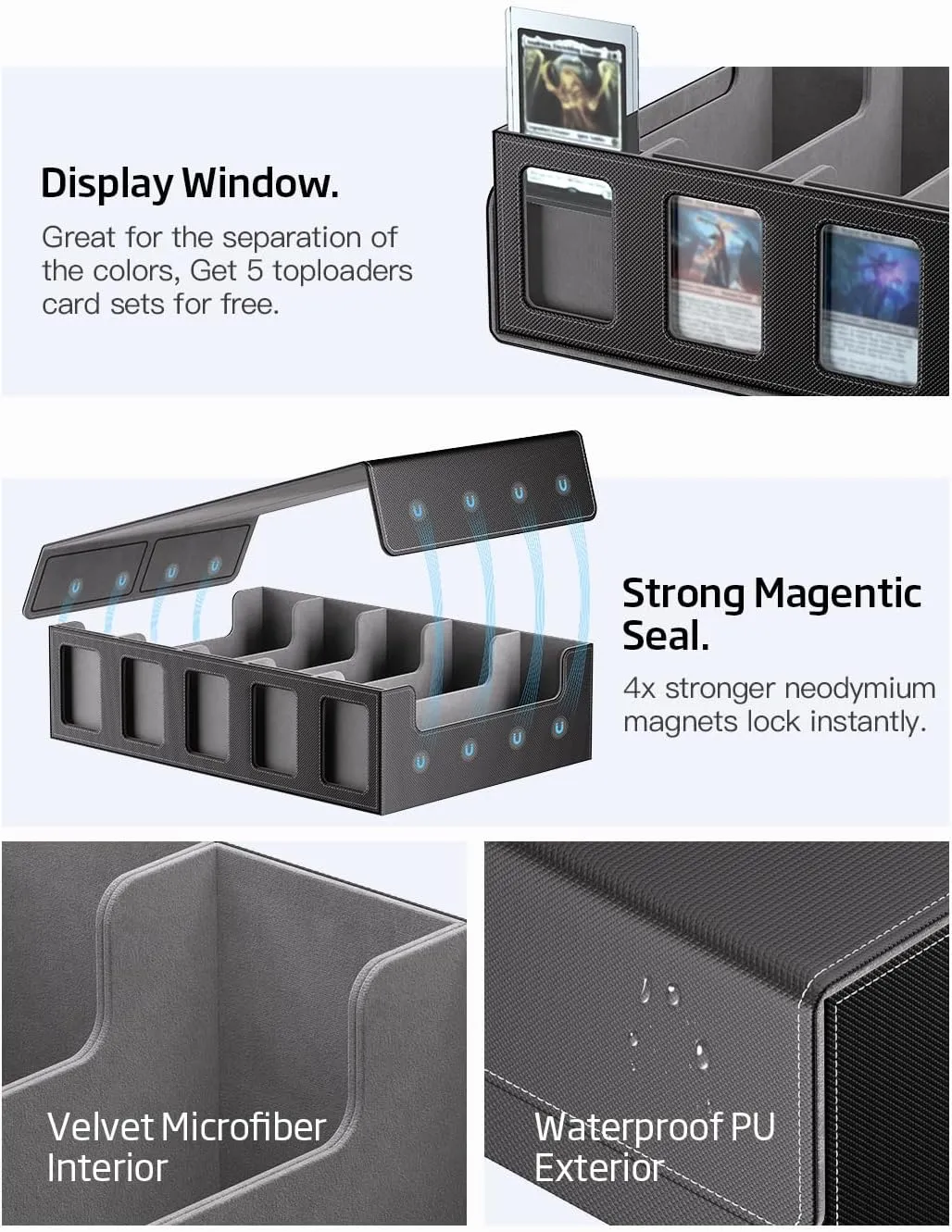 Trading Card Storage Box 3900  Capacity - 5-Row Card Case with Magnetic Lid & Commander Display for MTG TCG Sports Cards,Includes 5 Toploaders/50 Dividers/10 Stoppers/Dice Box/Cleaning Cloth