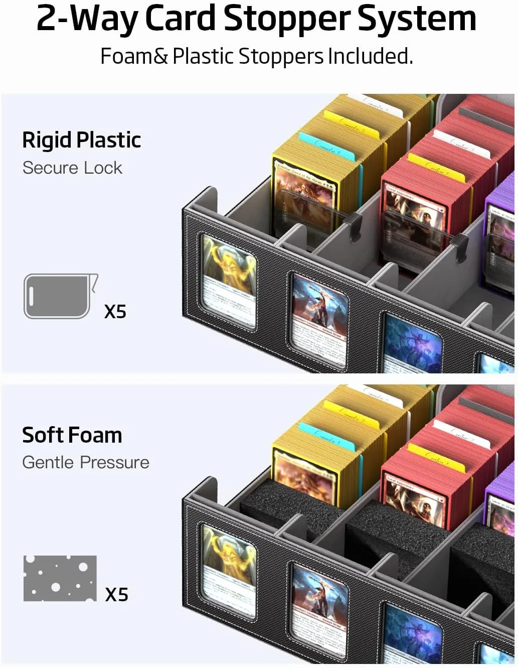 Trading Card Storage Box 3900  Capacity - 5-Row Card Case with Magnetic Lid & Commander Display for MTG TCG Sports Cards,Includes 5 Toploaders/50 Dividers/10 Stoppers/Dice Box/Cleaning Cloth