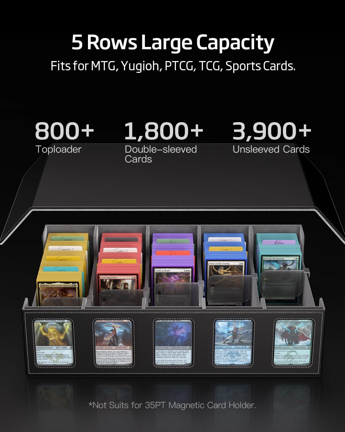 Trading Card Storage Box 3900  Capacity - 5-Row Card Case with Magnetic Lid & Commander Display for MTG TCG Sports Cards,Includes 5 Toploaders/50 Dividers/10 Stoppers/Dice Box/Cleaning Cloth