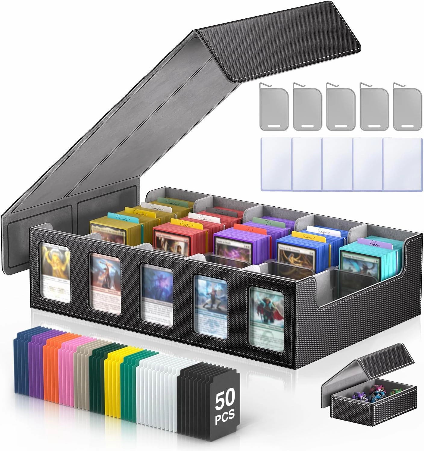 Trading Card Storage Box 3900  Capacity - 5-Row Card Case with Magnetic Lid & Commander Display for MTG TCG Sports Cards,Includes 5 Toploaders/50 Dividers/10 Stoppers/Dice Box/Cleaning Cloth