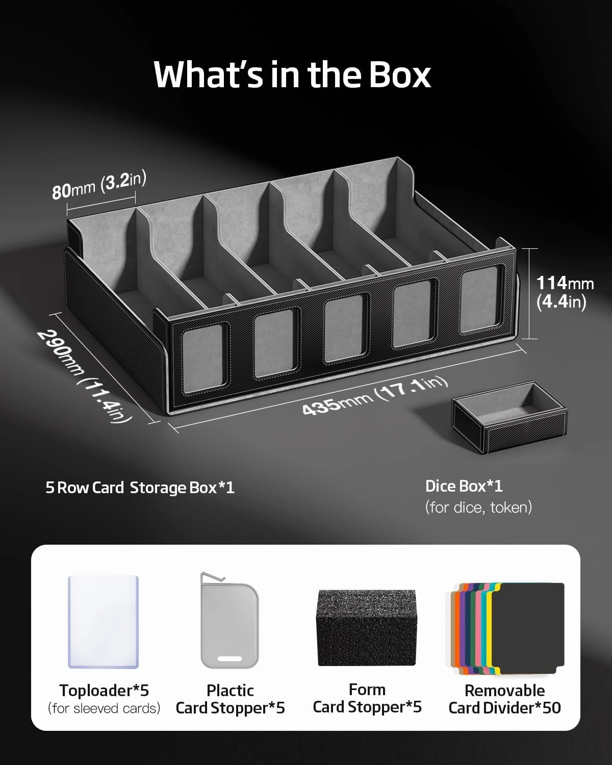 Trading Card Storage Box 3900  Capacity - 5-Row Card Case with Magnetic Lid & Commander Display for MTG TCG Sports Cards,Includes 5 Toploaders/50 Dividers/10 Stoppers/Dice Box/Cleaning Cloth