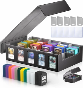 Trading Card Storage Box 3900  Capacity - 5-Row Card Case with Magnetic Lid & Commander Display for MTG TCG Sports Cards,Includes 5 Toploaders/50 Dividers/10 Stoppers/Dice Box/Cleaning Cloth