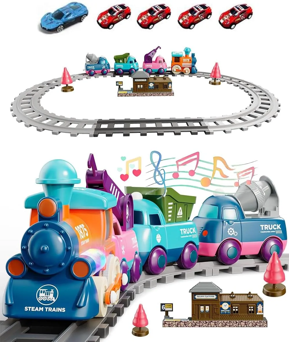 Train Toys with Train Tracks Accessories for Toddlers 3  Electric Magnetic Train Set with 5 Alloy Car and 4pcs Linked Engineering Vehicle Sound and Light Effect Toy Trucks for Boys and Girls