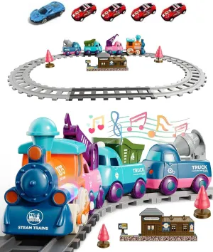 Train Toys with Train Tracks Accessories for Toddlers 3  Electric Magnetic Train Set with 5 Alloy Car and 4pcs Linked Engineering Vehicle Sound and Light Effect Toy Trucks for Boys and Girls