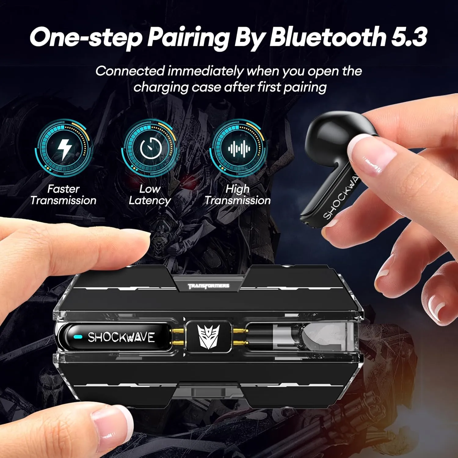 Transformers TF-T01 True Wireless Earbuds Wireless Bluetooth 5.4 Ear Buds Deep Bass Sound Earbud with Smart Noise Cancelling Mic IPX5 Waterproof in Ear Earphones for Android iOS Black Shockwave