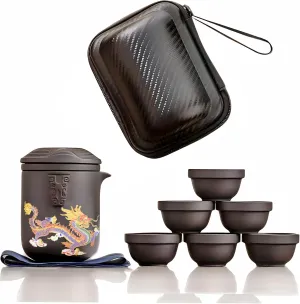 Travel Tea Set Handmade Purple Clay Color-changing Dragon and Phoenix Tea Mug Kung Fu Teapot with 6*Tea Cups Portable Tea pot for Home Office Outdoor Picnic Camping Hotel Tea Lover's Gift (Brown)