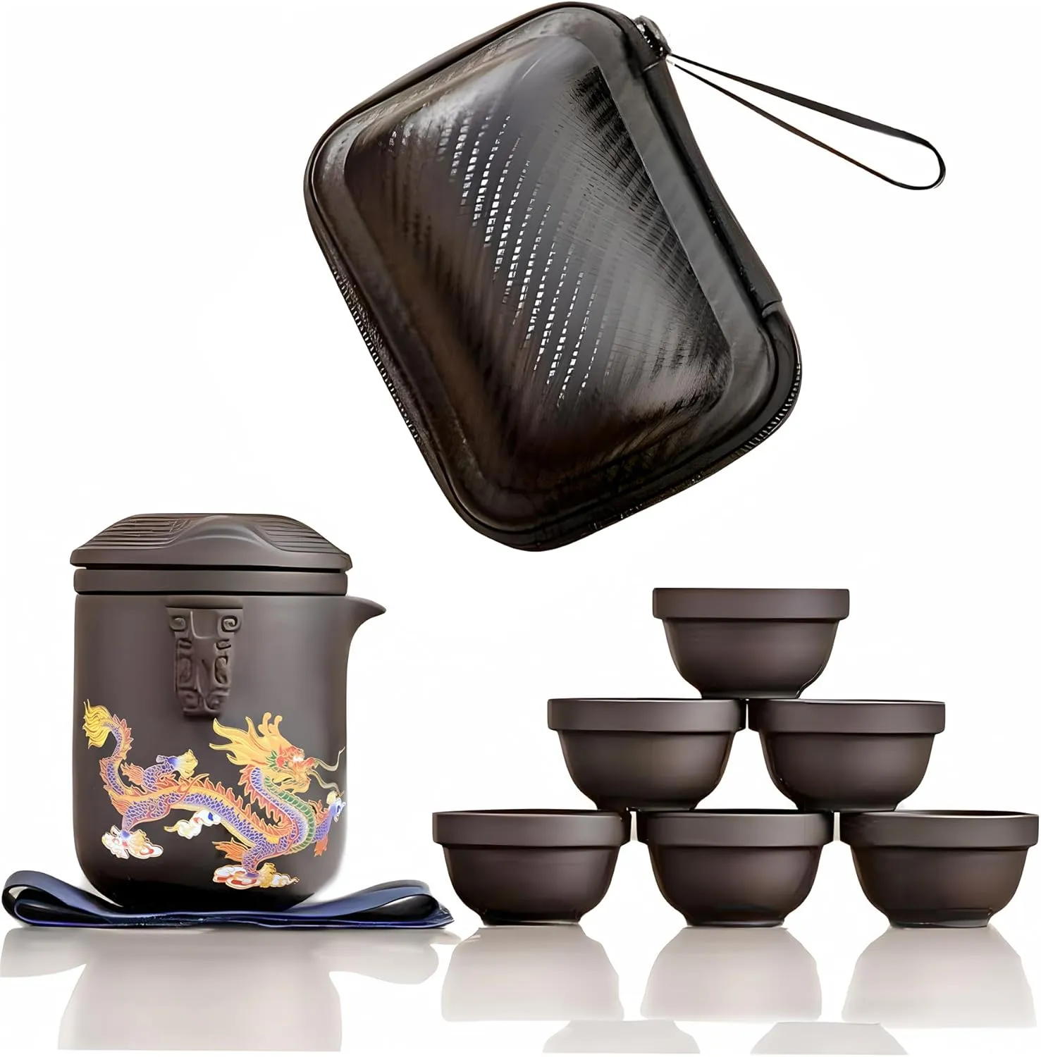 Travel Tea Set Handmade Purple Clay Color-changing Dragon and Phoenix Tea Mug Kung Fu Teapot with 6*Tea Cups Portable Tea pot for Home Office Outdoor Picnic Camping Hotel Tea Lover's Gift (Brown)