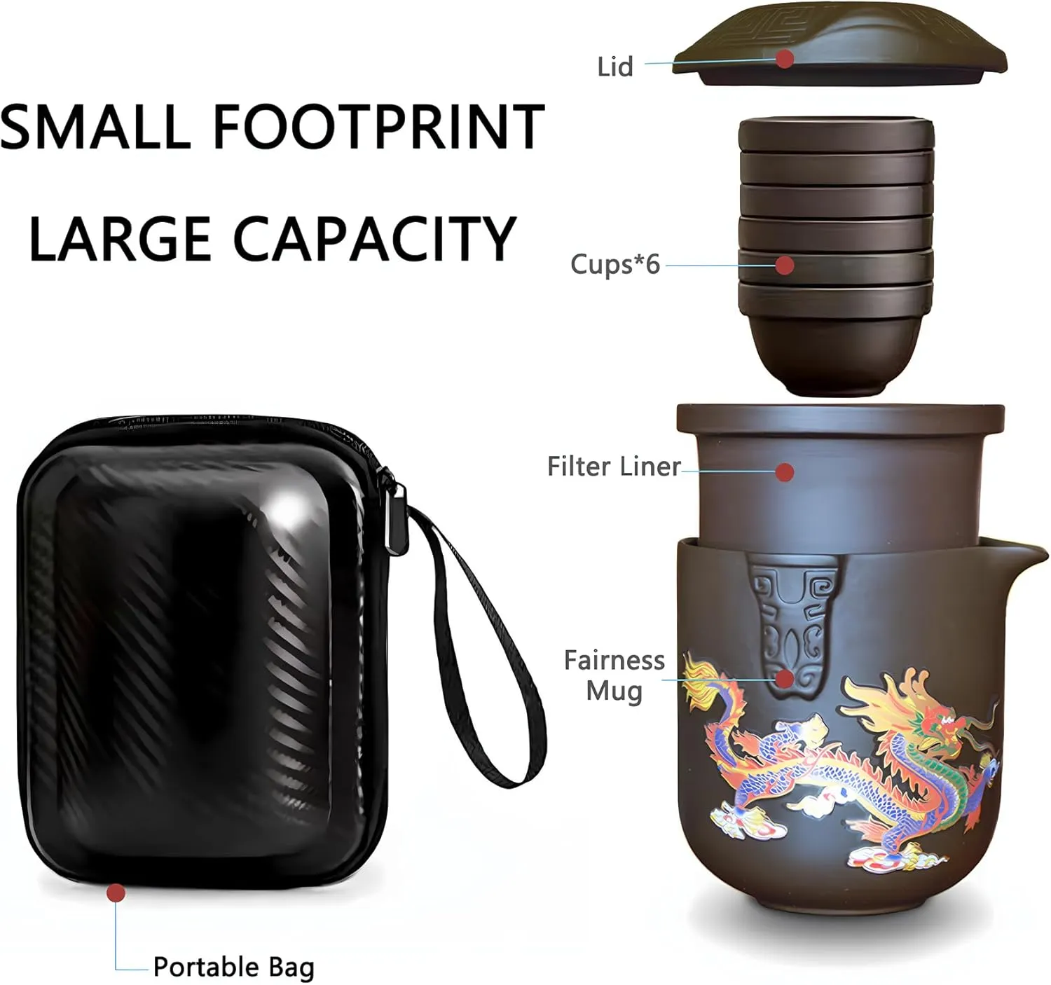Travel Tea Set Handmade Purple Clay Color-changing Dragon and Phoenix Tea Mug Kung Fu Teapot with 6*Tea Cups Portable Tea pot for Home Office Outdoor Picnic Camping Hotel Tea Lover's Gift (Brown)
