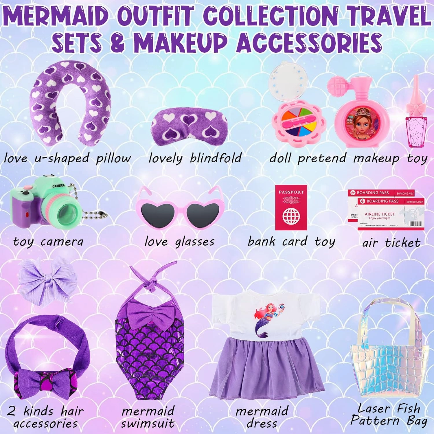 Travel Luggage Play Set for 18 Inch Doll Accessories and Furniture Luggage Seat with Mermaid Clothes Sunglasses Camera Toy Pillow Playsets, Doll Not Included(Vivid Style)