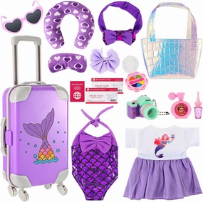 Travel Luggage Play Set for 18 Inch Doll Accessories and Furniture Luggage Seat with Mermaid Clothes Sunglasses Camera Toy Pillow Playsets, Doll Not Included(Vivid Style)