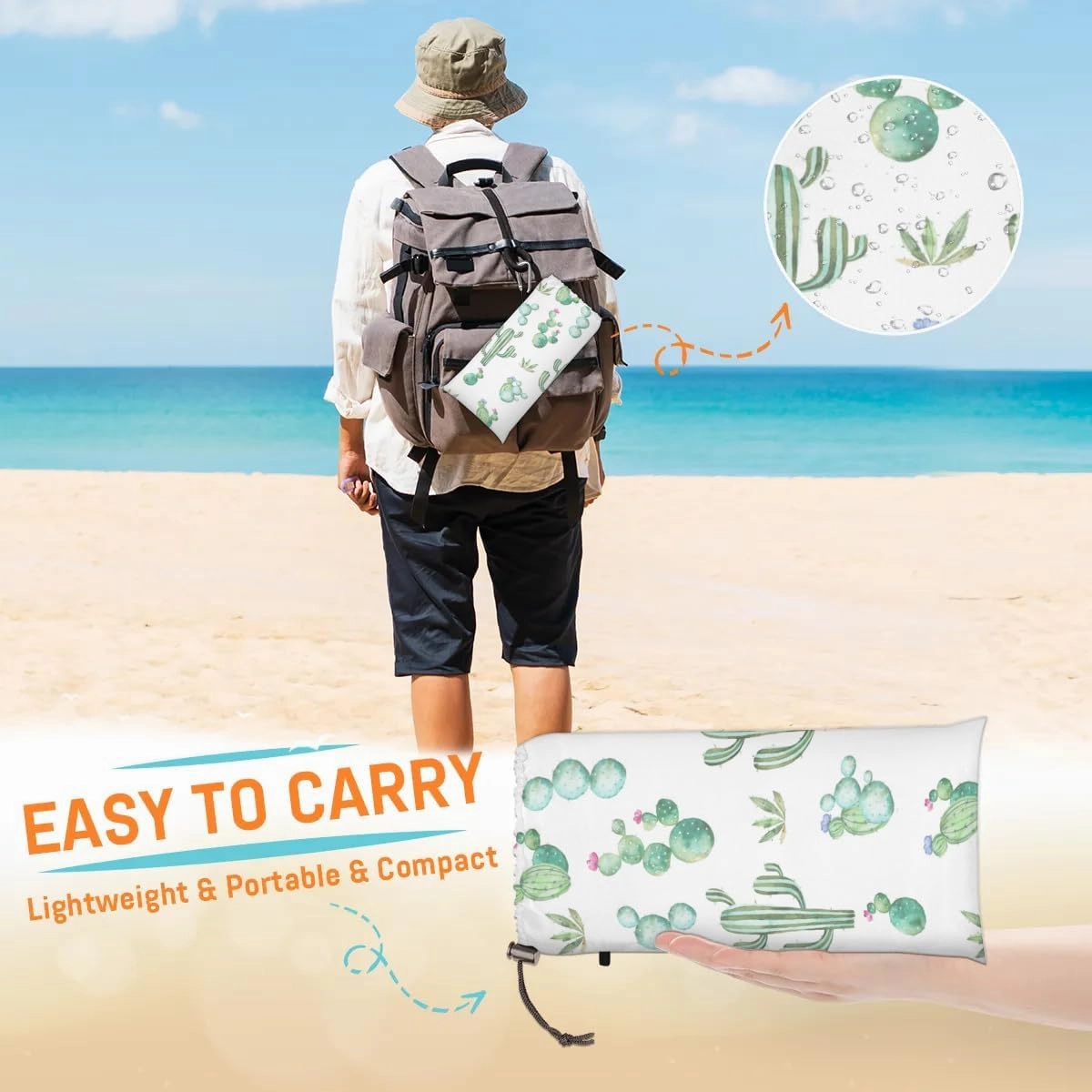 Tropical Cactus Beach Blanket, Sandproof Beach Mat, 68 x 59 Waterproof Quick Drying Sand Free Mat with 4 x Ground Spikes for Outdoor Travel Camping Hiking, Succulent Plant
