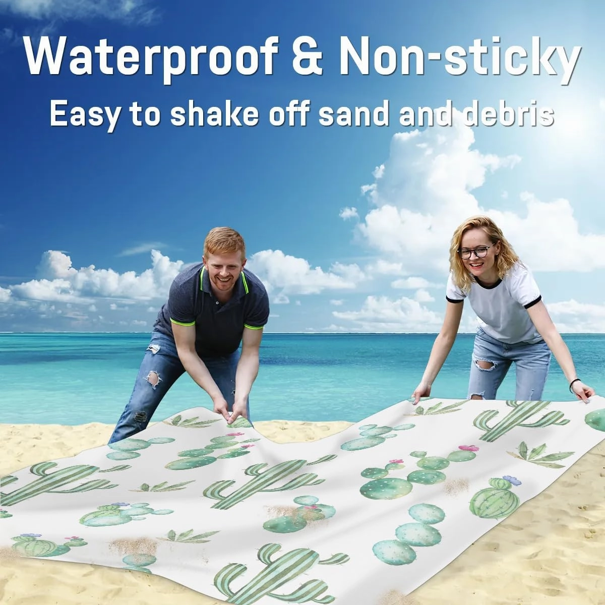 Tropical Cactus Beach Blanket, Sandproof Beach Mat, 68 x 59 Waterproof Quick Drying Sand Free Mat with 4 x Ground Spikes for Outdoor Travel Camping Hiking, Succulent Plant