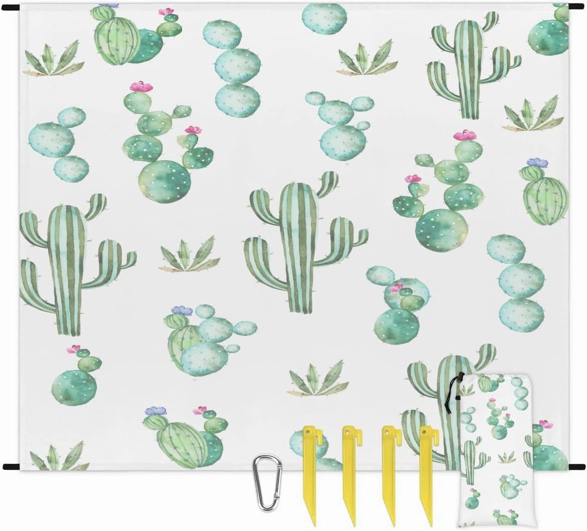 Tropical Cactus Beach Blanket, Sandproof Beach Mat, 68 x 59 Waterproof Quick Drying Sand Free Mat with 4 x Ground Spikes for Outdoor Travel Camping Hiking, Succulent Plant